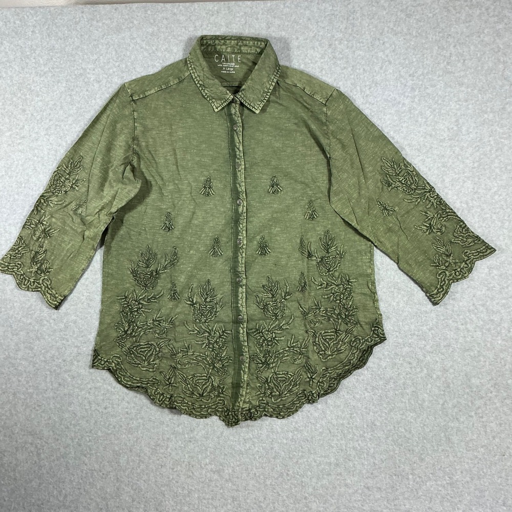 Caite Olive Green Embroidered Scallop Hem Button Down Shirt XL NWT